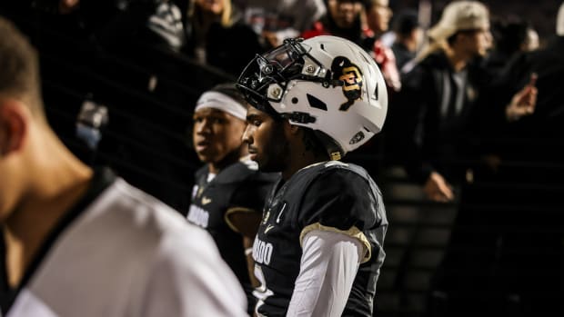 Colorado Buffaloes quarterback Shedeur Sanders (2) walks off the field during the game against the Oregon State Beavers at Folsom Field